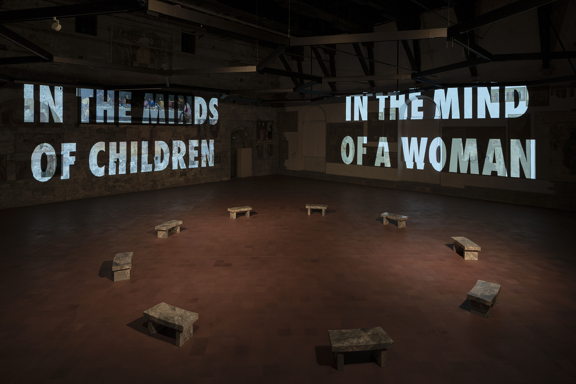 Jenny Holzer. Tutta la verità (The Whole Truth). Installation view, Palazzo della Ragione, Bergamo. © 2019 Jenny Holzer - Courtesy GAMeC